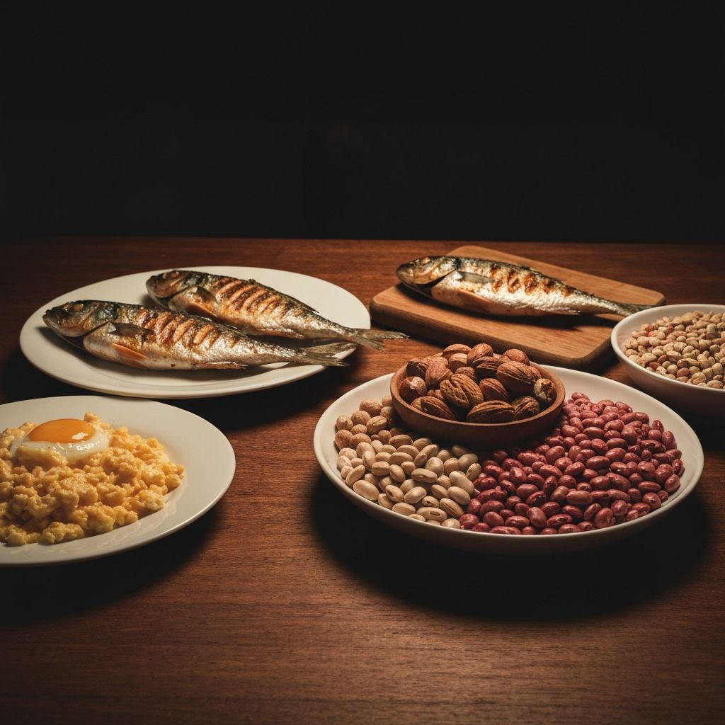 Verschiedene Proteinquellen auf Holztisch